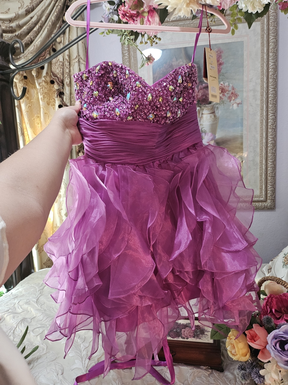 Vintage Y2K Fairy Princess Sparkle Magenta Purple Party Dress with Ruffled Skirt